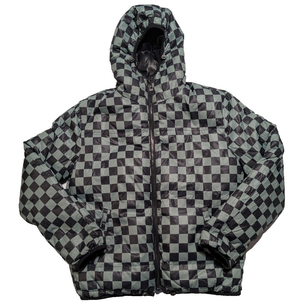 Hugo Boss Reversible Puffer Jacket - Men 40R Nylon Down Black Solid Green Check